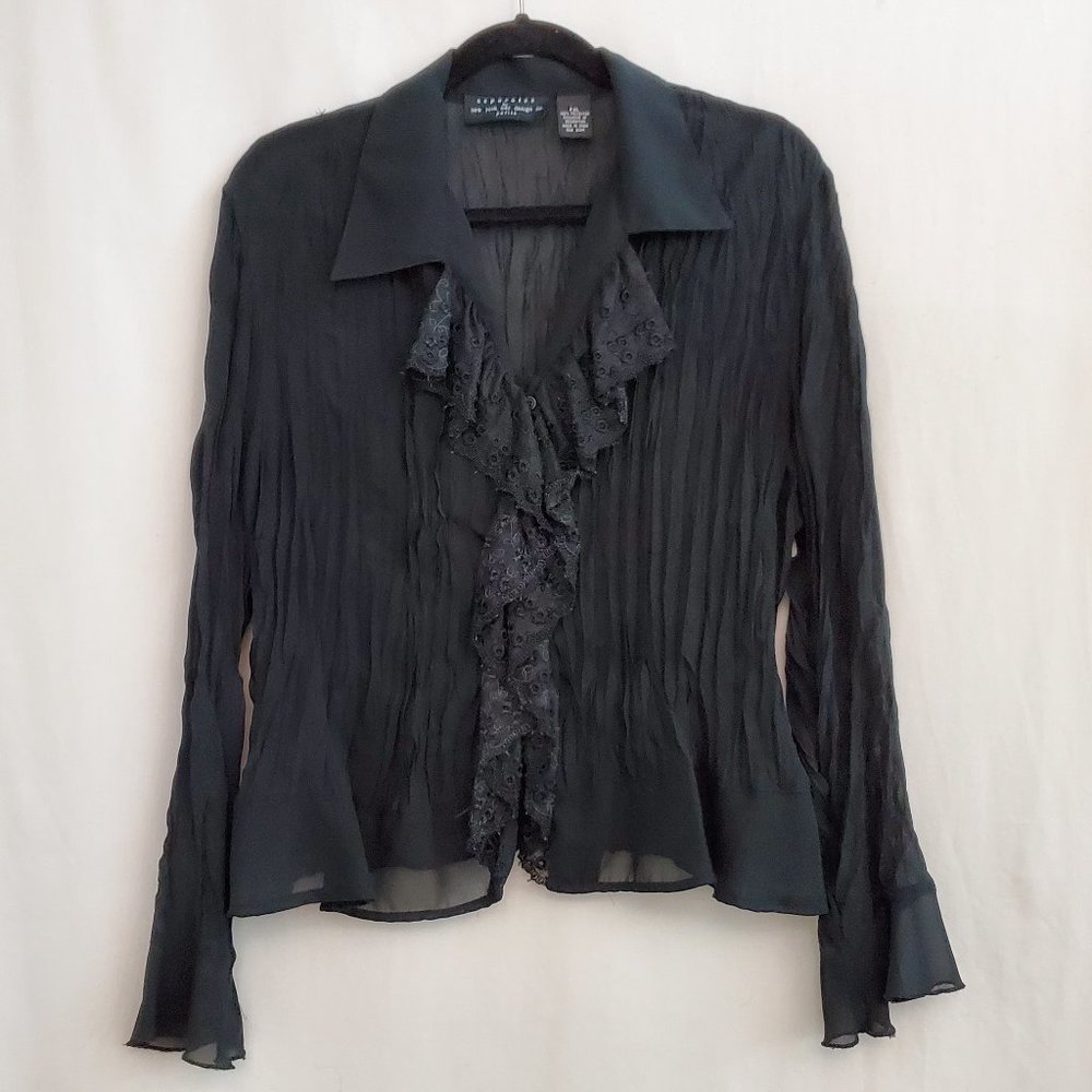 Sheer Black Pleated and Lace Long Sleeve Blouse